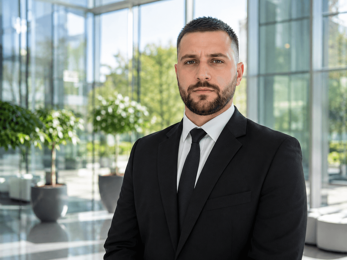 Corporate security officer in an office lobby
